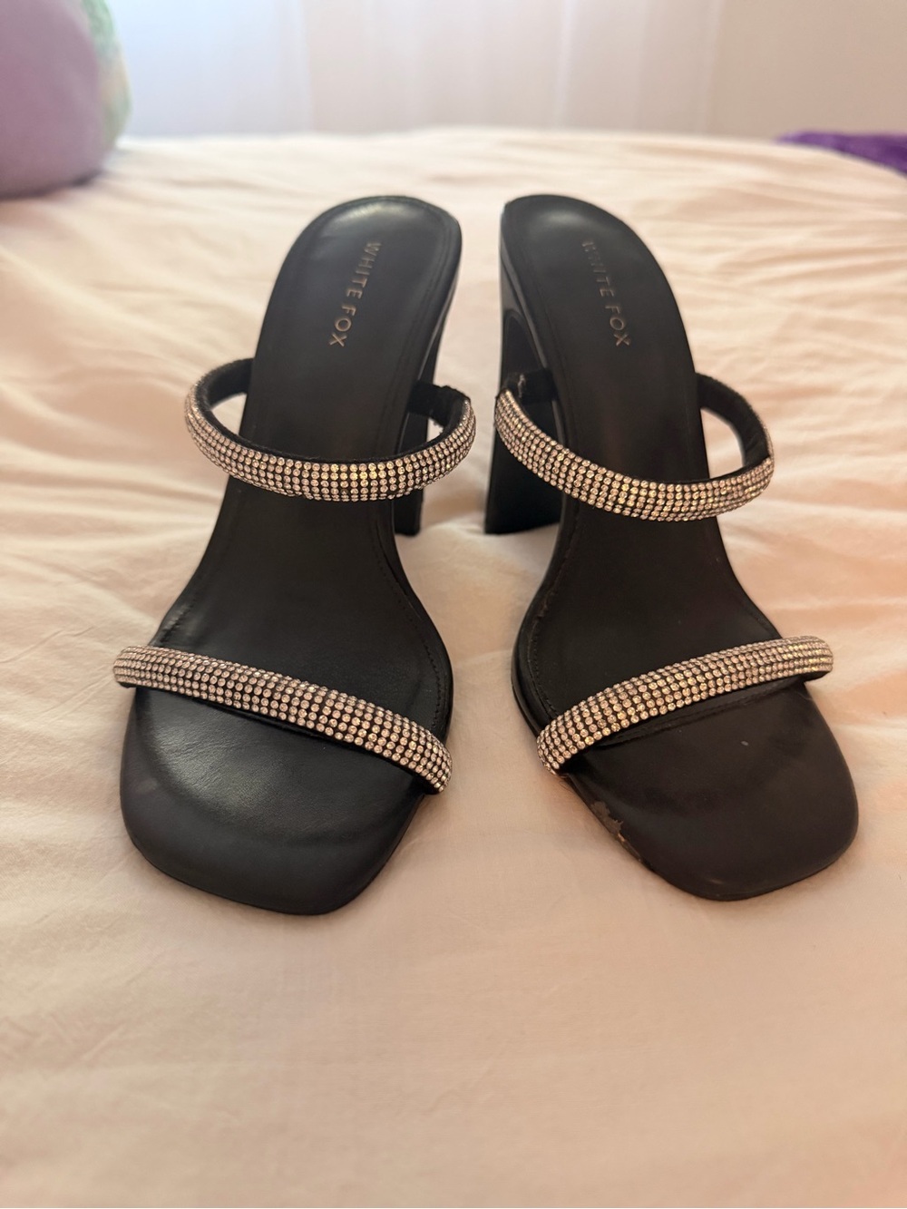White Fox Boutique Black Rhinestone Double Strap Heels